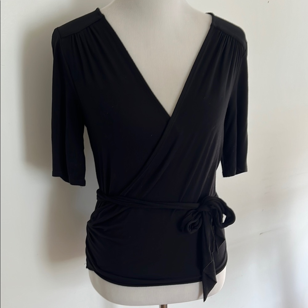 Three Dots Black Wrap Tie Front Blouse